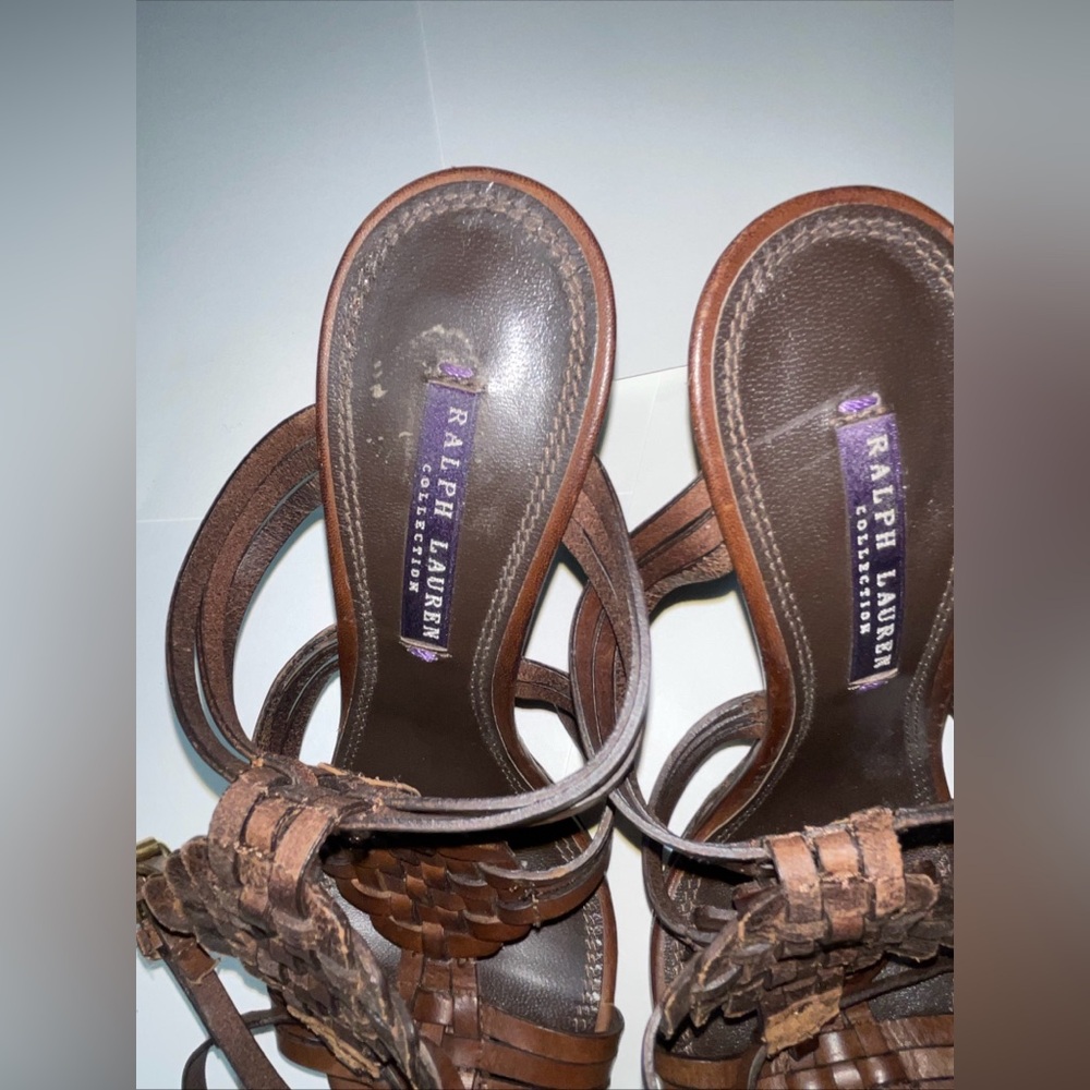 RALPH LAUREN COLLECTION PURPLE LABEL BROWN LEATHER HEELS ANKLE STRAP 7.5 ITALY - Picture 13 of 16